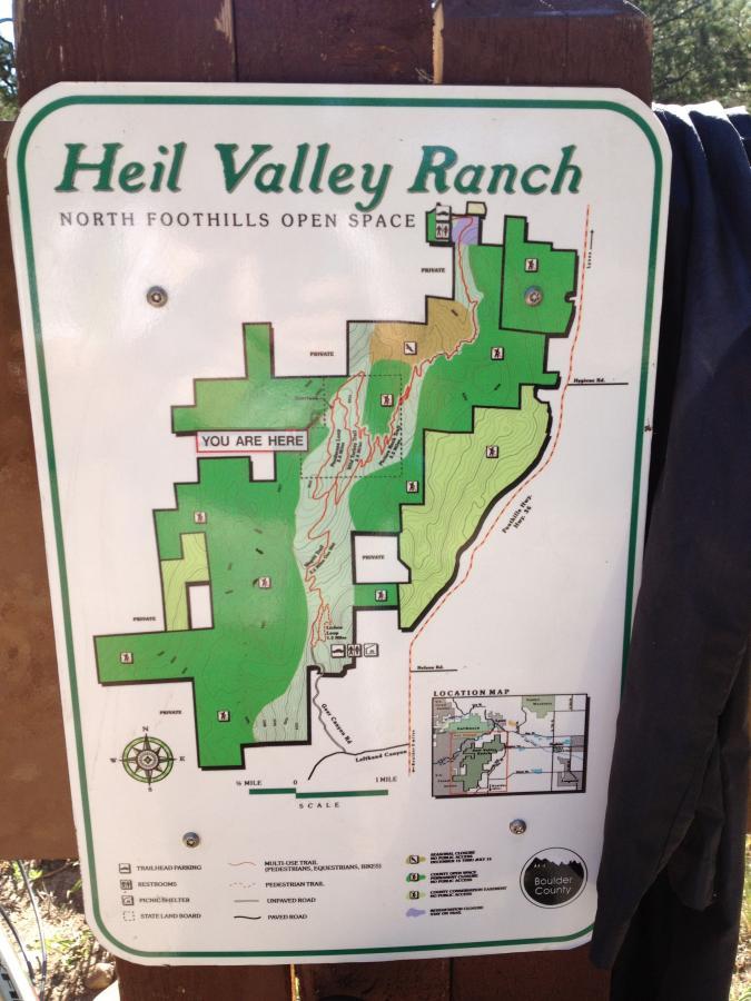 Map of Heil Valley Ranch in North Foothills Open Space, showing trails, land features, and a "You Are Here" indicator to assist visitors in navigating the area. The map includes a location map, trail types, and distance scales. Heil Valley Ranch mountain bike trail.