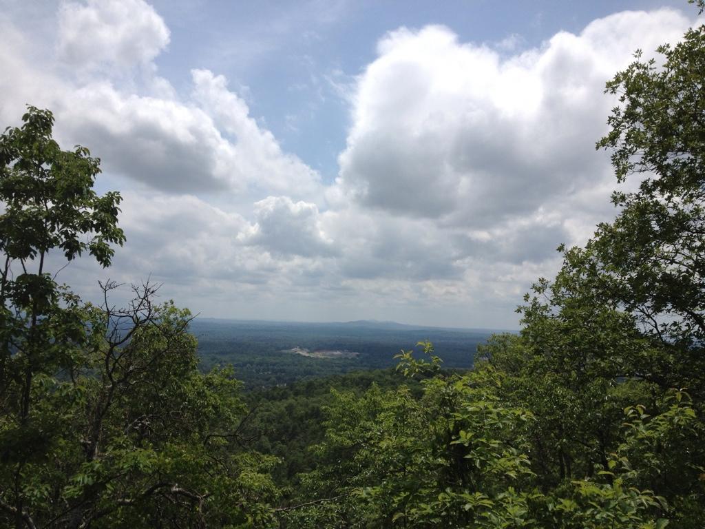 A panoramic view of a lush green landscape under a partly cloudy sky, with trees in the foreground and rolling hills extending into the distance. Coldwater Mountain mountain bike trail.