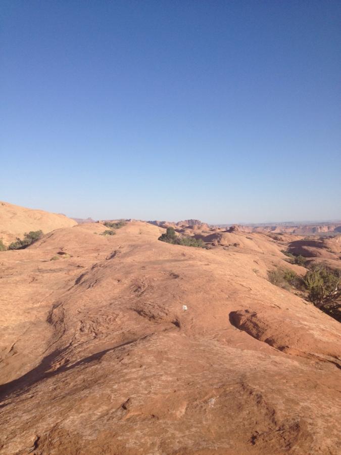 A vast landscape of reddish-brown rocky terrain under a clear blue sky, with gentle hills and sparse vegetation in the distance. The scene captures the natural beauty of a desert-like environment. Slickrock mountain bike trail.