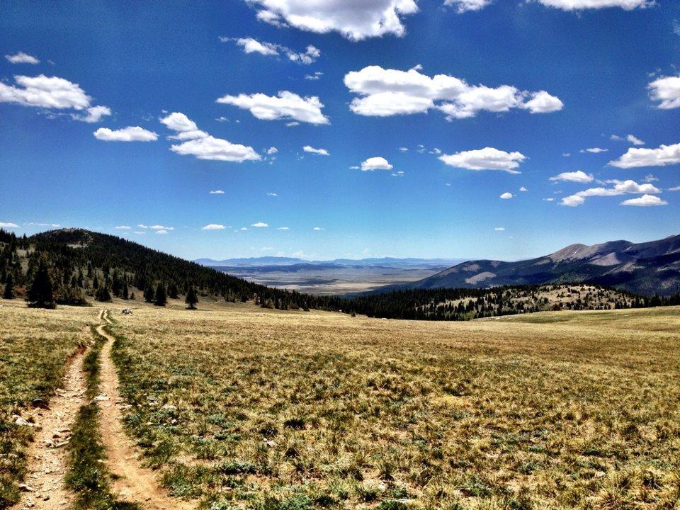 A scenic view of a grassy landscape with a winding dirt trail leading through it, surrounded by rolling hills and mountains under a blue sky adorned with fluffy white clouds. West Jefferson Trail mountain bike trail.