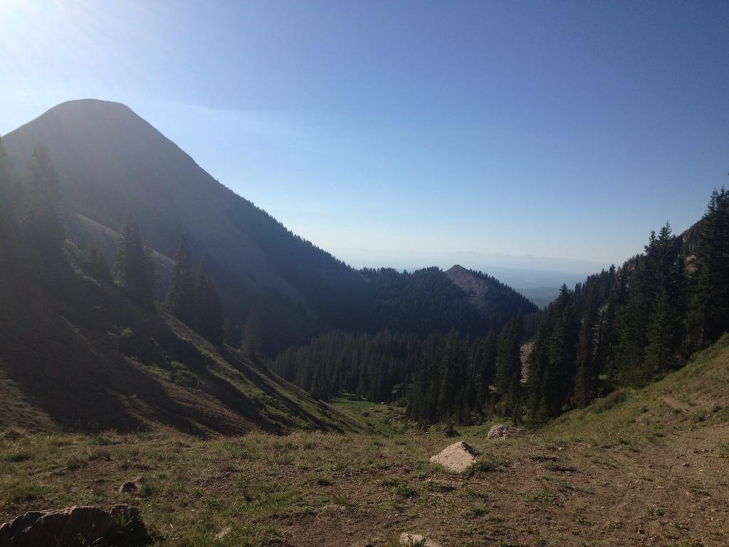 A scenic view of a mountain landscape featuring a prominent peak on the left, lush green hillsides with coniferous trees, and a clear blue sky. The image captures the tranquility of nature and the depth of the valley below. Burro Pass mountain bike trail.