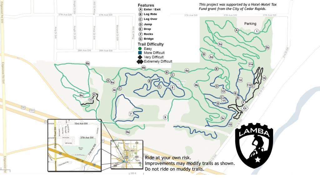 Alt text: Map of a mountain biking trail system featuring various routes marked by difficulty levels. The map includes symbols for trail features like log rides, jumps, and bridges, and highlights parking locations. A key indicates trail difficulty, ranging from easy to extremely difficult. Beverly Park mountain bike trail.