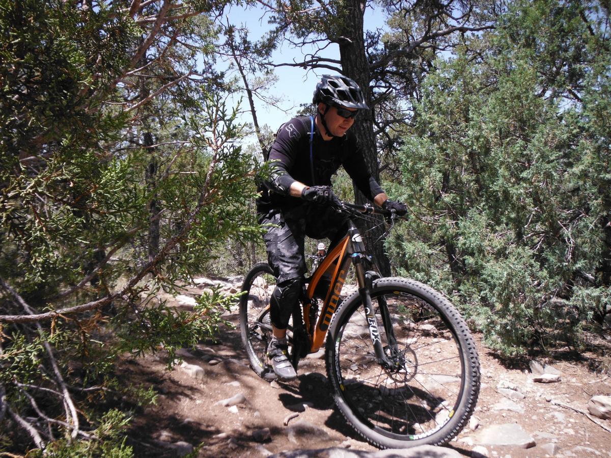 A cyclist navigating a rocky trail through a wooded area, wearing a helmet and protective gear, with trees and foliage surrounding the path. Otero Canyon mountain bike trail.