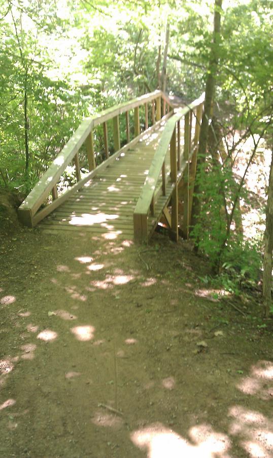 Wooden bridge over a small creek, surrounded by lush green trees and dappled sunlight on the path leading up to it. Rangeline Nature Preserve mountain bike trail.
