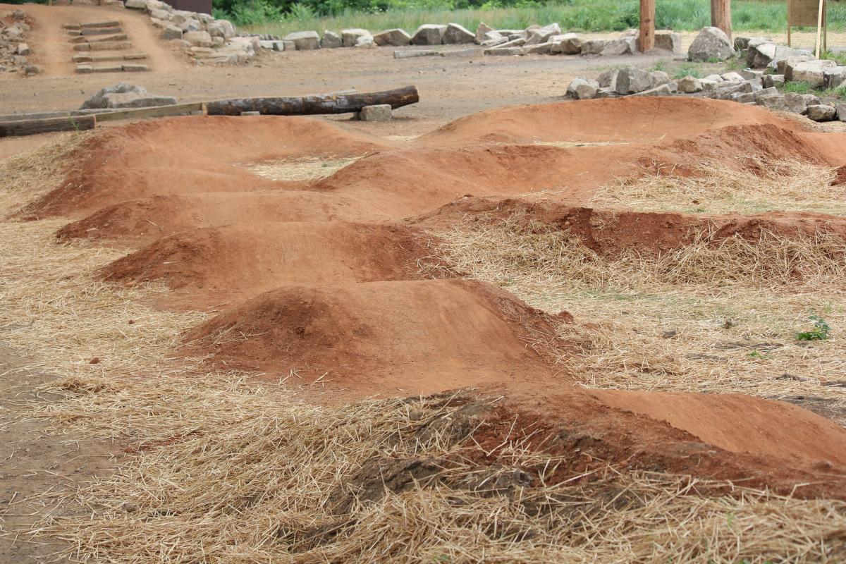 A series of dirt bike ramps in a park, featuring several mounds of packed dirt arranged in a wavy pattern. The area is surrounded by sparse vegetation and straw scattered on the ground, with stone pathways and wooden logs visible in the background. Belle Isle mountain bike trail.