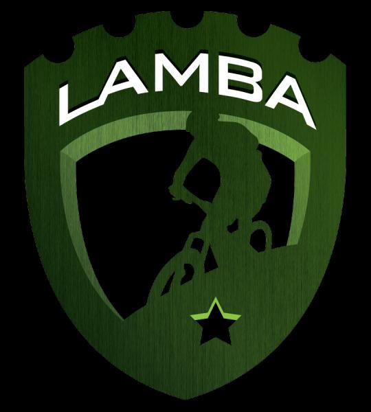 Logo of a cycling organization featuring a stylized silhouette of a cyclist on a bike. The design includes a shield shape in greens with the text "LAMBA" in bold white letters at the top and a green star at the bottom.