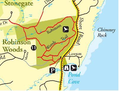 Map of Robinson Woods, showing trails, parking, and nearby coastal roads. Key features include the Robinson Trail, Pond Cove, and surrounding areas labeled for navigation. Robinson Woods mountain bike trail.