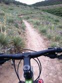 A view from the handlebars of a mountain bike on a dirt trail surrounded by greenery and hills. The path is narrow and winds through the natural landscape under a cloudy sky. Bear Creek Lake Park mountain bike trail.