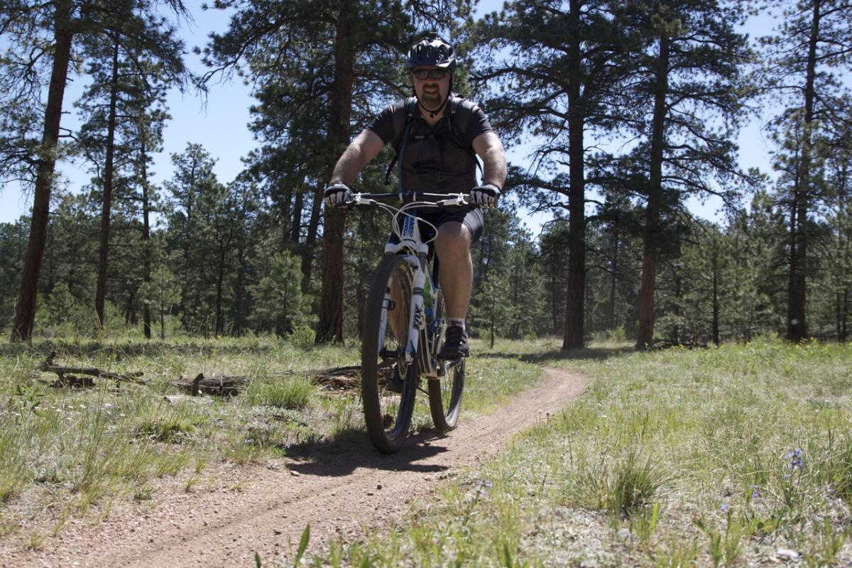 A person riding a mountain bike on a dirt trail surrounded by tall pine trees and green grass. The scene is bright and sunny, with the bike in motion along a winding path. Buffalo Creek mountain bike trail.