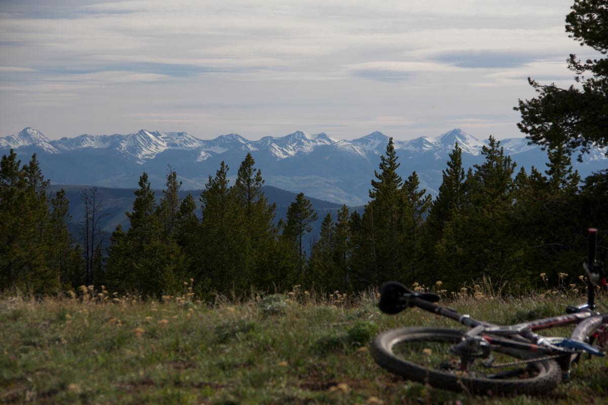 A scenic mountain view featuring snow-capped peaks in the distance, framed by lush green trees. In the foreground, a mountain bike lies on the grassy ground, suggesting an adventurous outdoor experience. Soft clouds drift overhead in a partly cloudy sky. CDT - Flume Creek Section mountain bike trail.