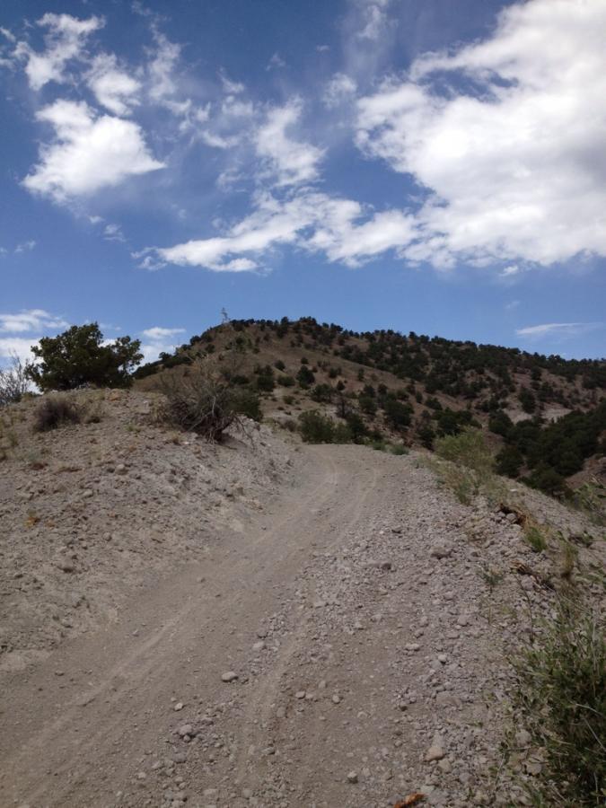 A dirt path winding up a rocky hillside, surrounded by sparse vegetation under a partly cloudy sky. Cr 173 mountain bike trail.