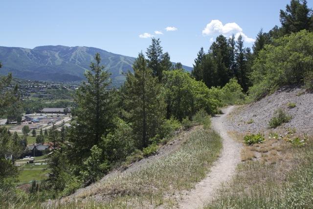 A scenic view of a dirt path winding through lush greenery, with trees on either side. In the background, a mountainous landscape is visible under a clear blue sky, with a few fluffy white clouds. Below the path, a glimpse of a small town can be seen, nestled in the valley. Emerald Mountain mountain bike trail.
