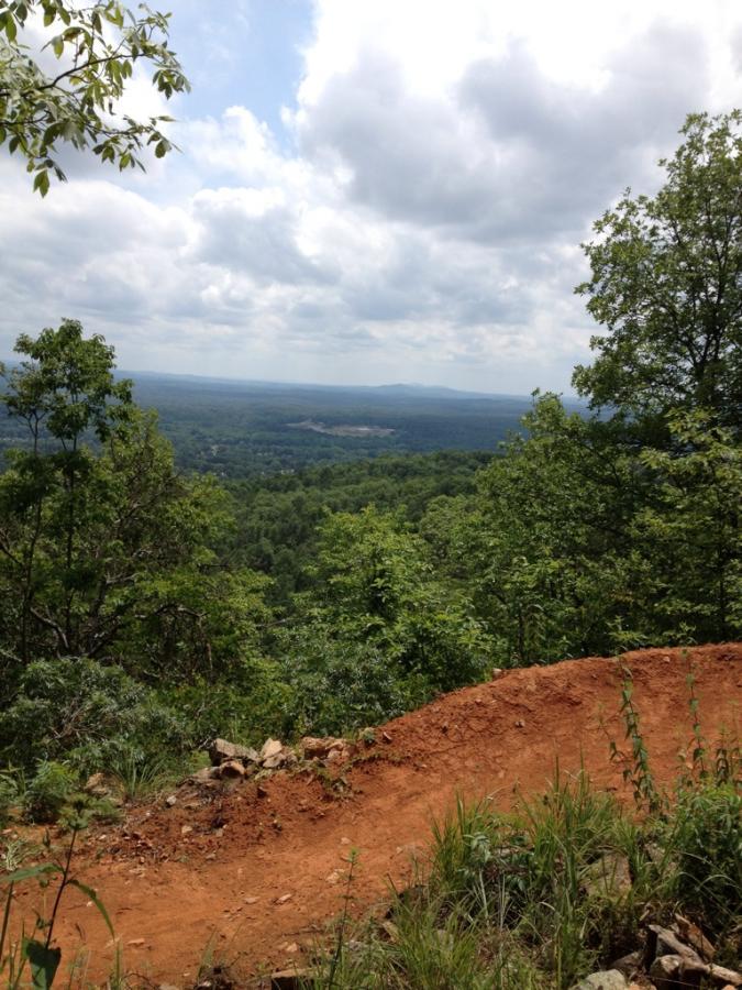 A scenic view from a hillside overlooking a lush green landscape with rolling hills and cloudy skies. A dirt path curves in the foreground, bordered by grass and rocks, leading into the vibrant greenery of trees below. Coldwater Mountain mountain bike trail.