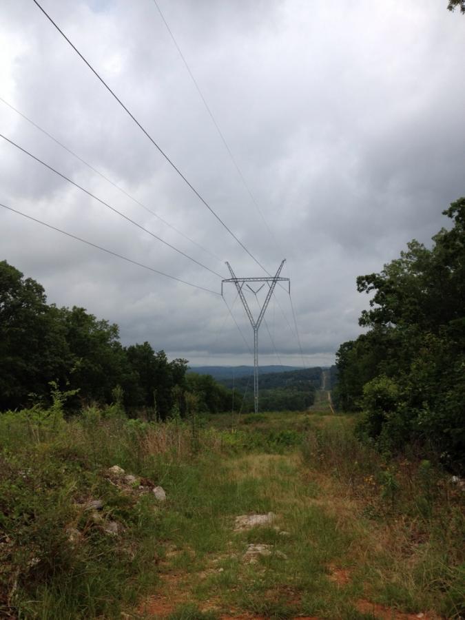 A power line tower stands tall against a backdrop of overcast skies and rolling hills, with a grassy path leading toward it. The scene includes lush greenery on either side, creating a natural landscape that contrasts with the industrial structure. Coldwater Mountain mountain bike trail.