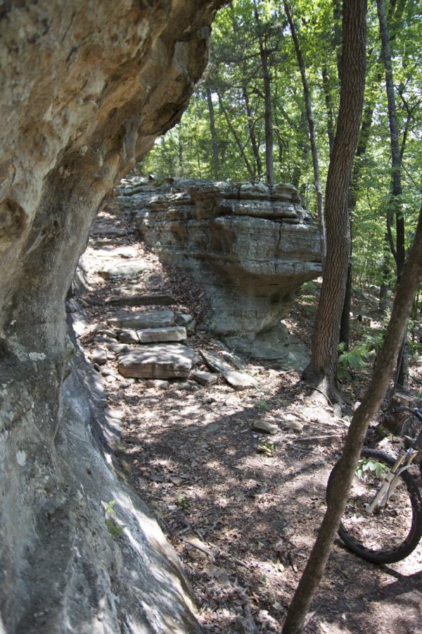 A rocky path winding through a wooded area, with stacked stone formations on one side and trees on the other. A bicycle is resting against a tree in the foreground, surrounded by scattered leaves and natural vegetation. Syllamo Trails mountain bike trail.