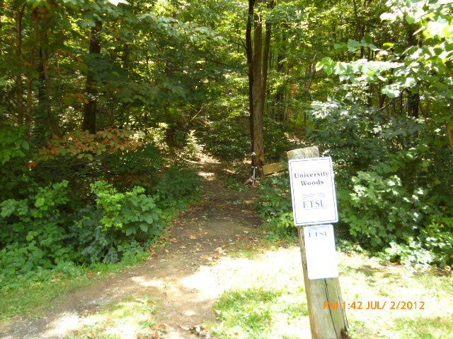 Pathway leading into a wooded area with a sign indicating "University Woods" and the abbreviation "ETSU." Dense greenery surrounds the trail, suggesting a natural setting for walking or hiking. Etsu Campus Trail System mountain bike trail.