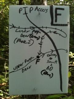 A wooden sign in a forested area, featuring a hand-drawn map indicating paths for "PIP Access." The sign includes labeled routes, markers for "Lower Poplar Deer" (Phase 2) and "Upper Poplar Deer," as well as directions towards "Courtsy to Summit" and "BD." The letter "F" is prominently displayed at the top right. Coldwater Mountain mountain bike trail.