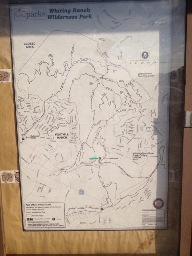 Map of Whiting Ranch Wilderness Park displaying trails, closed areas, and park facilities. Key features include Foothill Ranch neighborhoods and park office locations. Whiting Ranch Wilderness Park mountain bike trail.