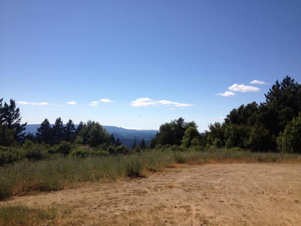 A panoramic view of a clear blue sky with a few scattered clouds above a lush green landscape and distant mountains. The foreground features a dry, sandy area with patches of grass and shrubs, surrounded by trees on either side. Forest Of Nisene Marks and Soquel Demonstration Forest mountain bike trail.