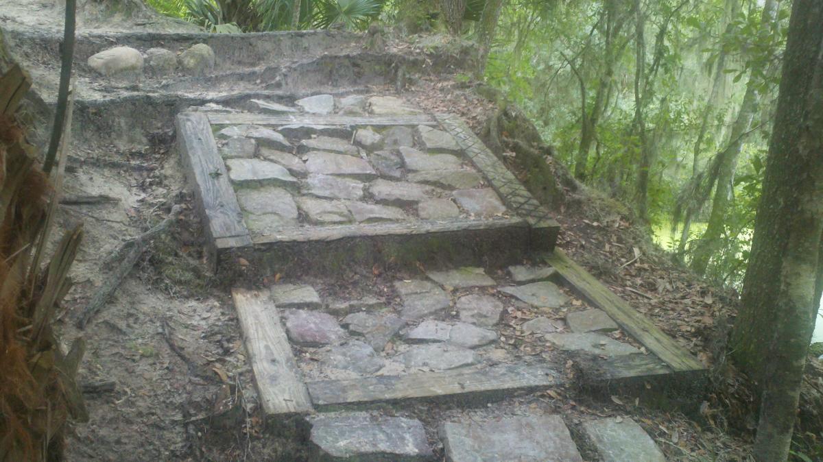 A narrow, stone path with wooden edging, leading up a slight incline, surrounded by lush greenery and trees. The path features uneven stones and is partially covered with dirt and leaves, indicating natural wear and use. Alafia River State Park mountain bike trail.