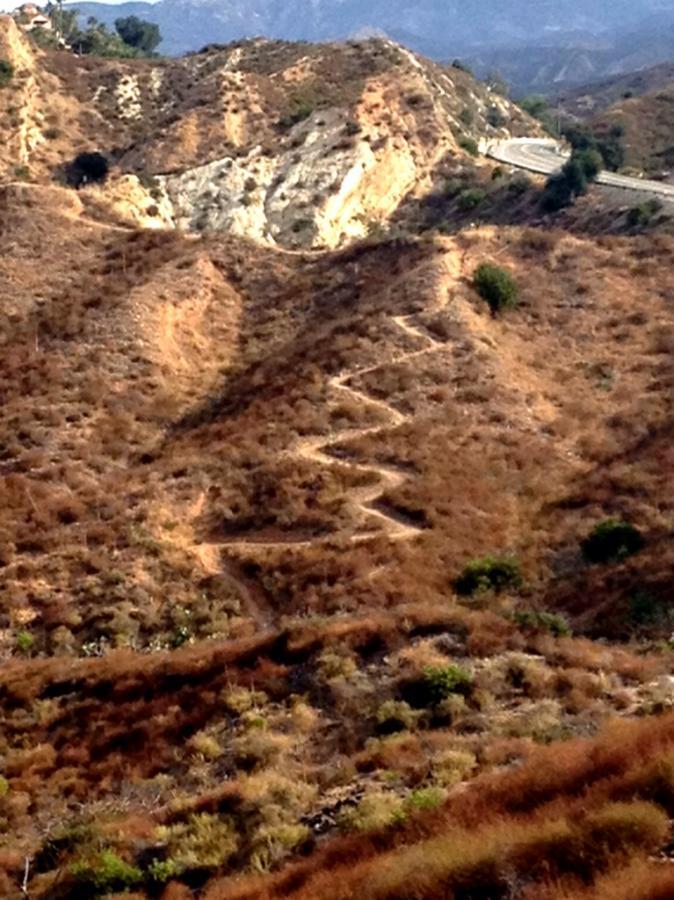 A winding dirt trail zigzags through dry, hilly terrain, surrounded by sparse vegetation and rocky cliffs. In the distance, a road curves along the mountain's edge, with a backdrop of rolling hills and a clear blue sky. Whiting Ranch Wilderness Park mountain bike trail.