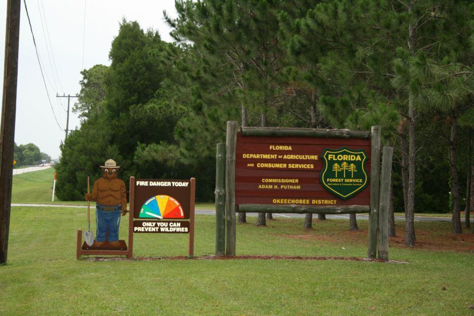 A roadside sign featuring a cartoon bear representing fire safety, accompanied by a message about fire danger levels and a reminder that "only you can prevent wildfires." In the background, a larger sign for the Florida Department of Agriculture and Consumer Services, specifically the Forest Service, with the Okeechobee District designation. The setting includes green trees and grass, and power lines can be seen nearby. Grassy Island Trail mountain bike trail.