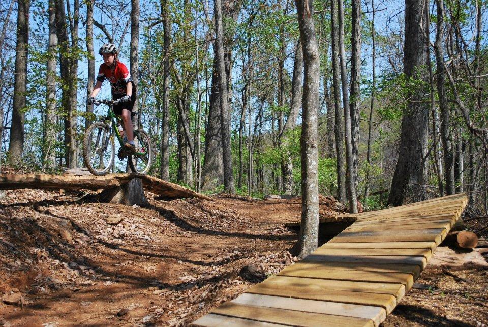 A mountain biker wearing a helmet and red jersey navigates a wooden bridge over a dirt trail in a forested area, surrounded by tall trees and greenery. The scene captures the adventurous spirit of outdoor biking. Rocky Knob Park mountain bike trail.