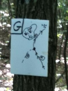 A handmade sign attached to a tree in a forest setting. The sign features a simple drawing that includes a stick figure and arrows, with the letter "G" in the upper left corner. The background is blurred with greenery, suggesting a natural, outdoor environment. Coldwater Mountain mountain bike trail.