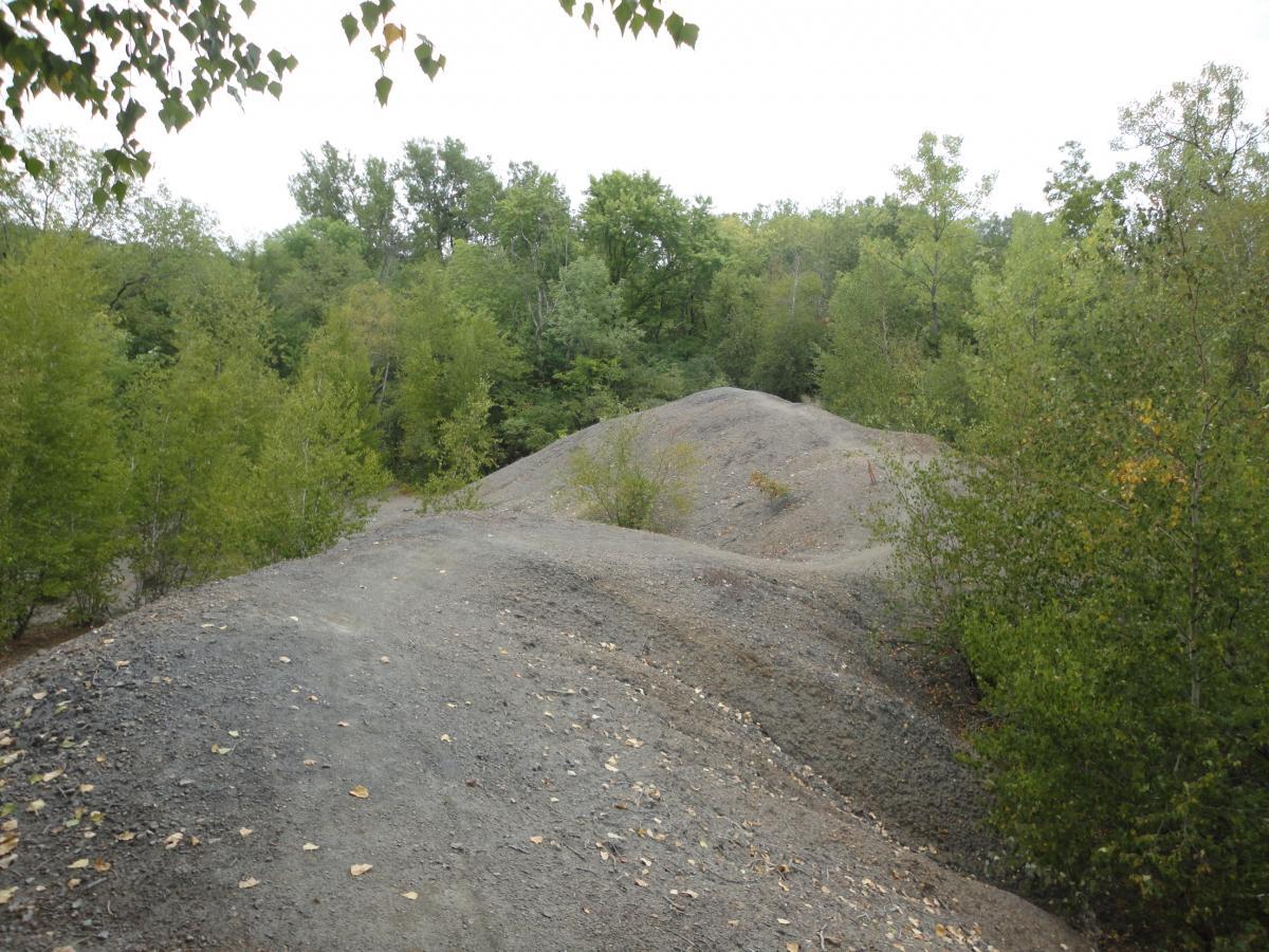 A landscape view showing rolling mounds of gravel and dirt, surrounded by lush green trees in a natural setting under a cloudy sky. Leaves are scattered on the ground, hinting at the changing seasons. Banner Lakes At Summerset Park mountain bike trail.