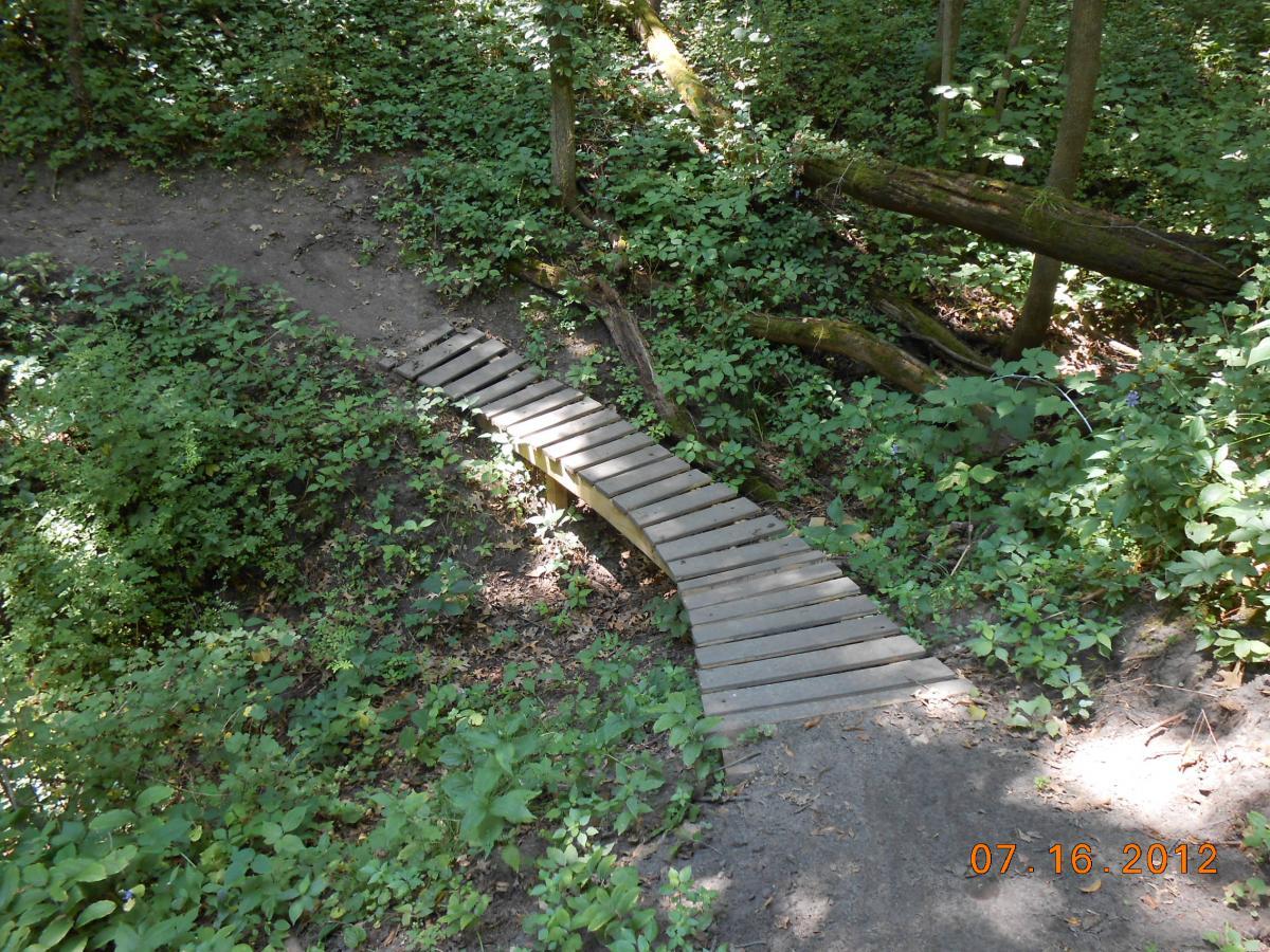 A wooden footbridge crosses a small gap in a forested area, surrounded by dense greenery. The path is sandy and meanders through lush foliage, with some fallen tree branches and various plants visible on both sides of the bridge. The image captures a peaceful, natural setting that invites exploration. Beverly Park mountain bike trail.
