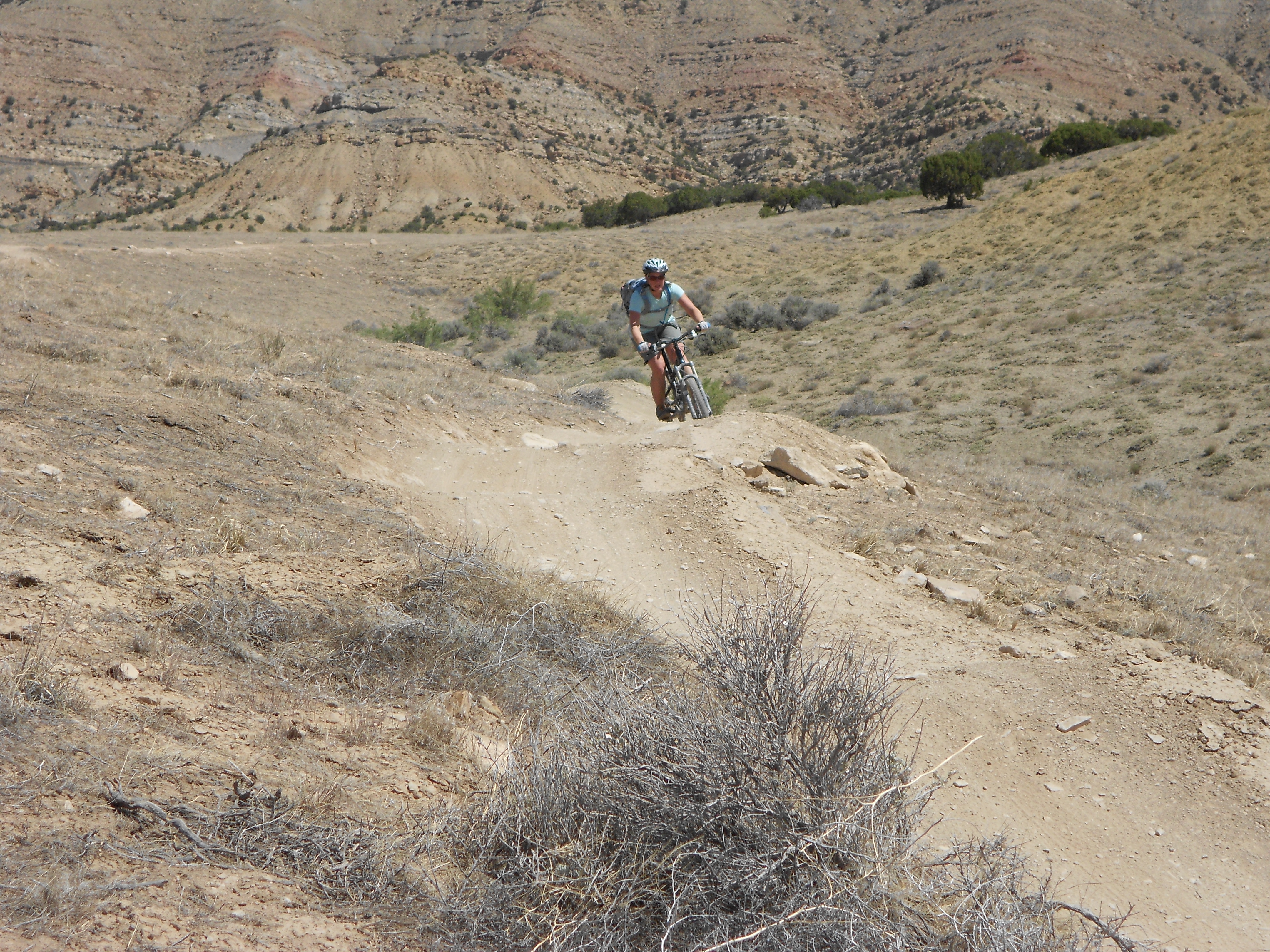 A cyclist riding a mountain bike on a dirt trail in a dry, rocky landscape with hills in the background. The rider is navigating a small jump, surrounded by sparse vegetation and earthy tones.