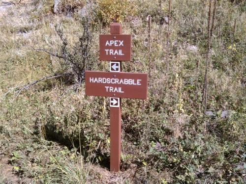 A wooden trail sign in a grassy area, indicating directions for two hiking trails: "Apex Trail" to the left and "Hardscrabble Trail" to the right. Hardscrabble Mountain Trails mountain bike trail.