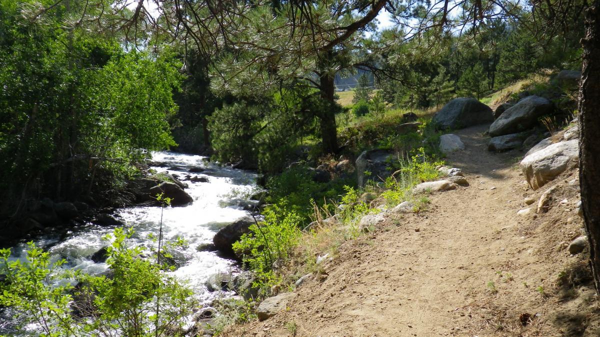 A serene landscape featuring a flowing river alongside a dirt path, surrounded by lush greenery and tall trees. Sunlight filters through the leaves, creating a peaceful natural setting ideal for hiking or enjoying the outdoors. Clear Creek mountain bike trail.