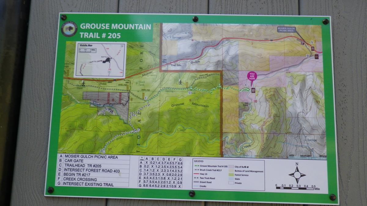 Map of Grouse Mountain Trail #205, featuring the trailhead, nearby picnic area, and intersecting trails. The map includes a legend, scale, and marked locations such as car gate and creek crossing. An inset map shows a broader area.  Clear Creek mountain bike trail.