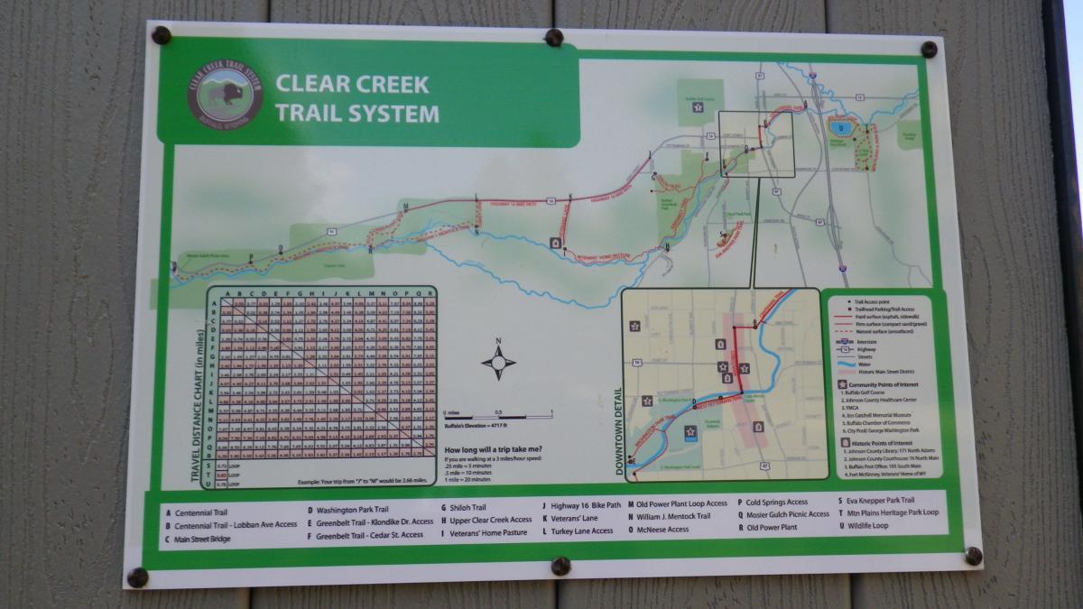 Map of the Clear Creek Trail System, featuring various trails, access points, and a travel distance chart to help users plan their trips. The map includes details on different trail names, community points of interest, and a downtown detail section. Clear Creek mountain bike trail.