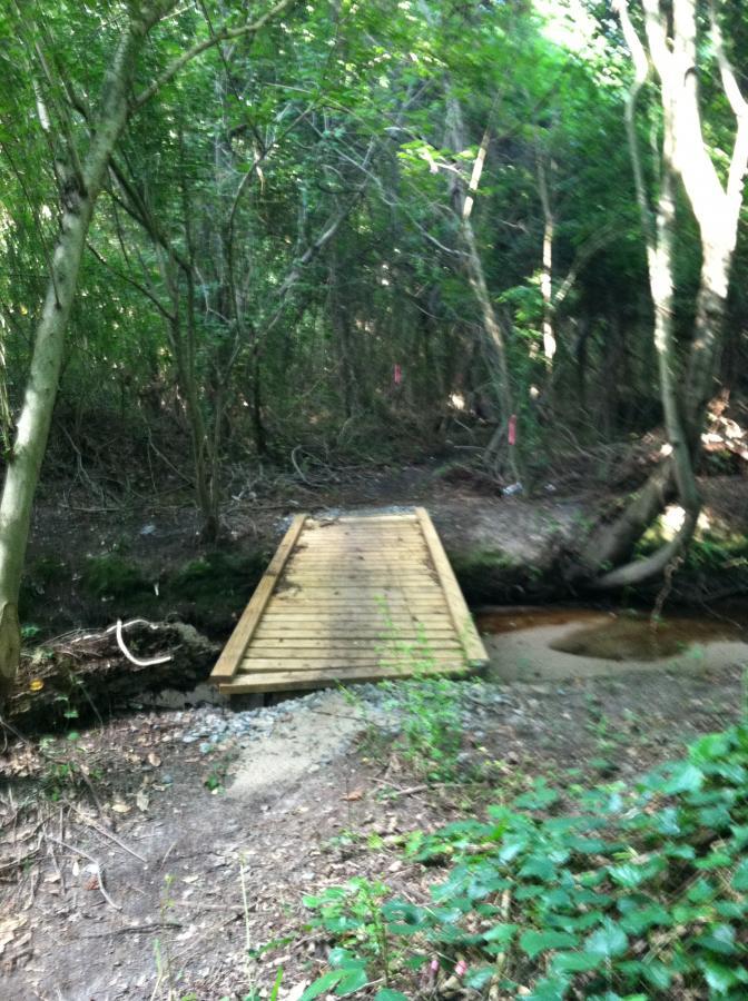A wooden bridge spanning a small creek in a dense forested area, surrounded by greenery and trees. The bridge is slightly weathered and blends into the natural surroundings, with patches of sunlight filtering through the leaves above. Goldsboro Bike Trail mountain bike trail.