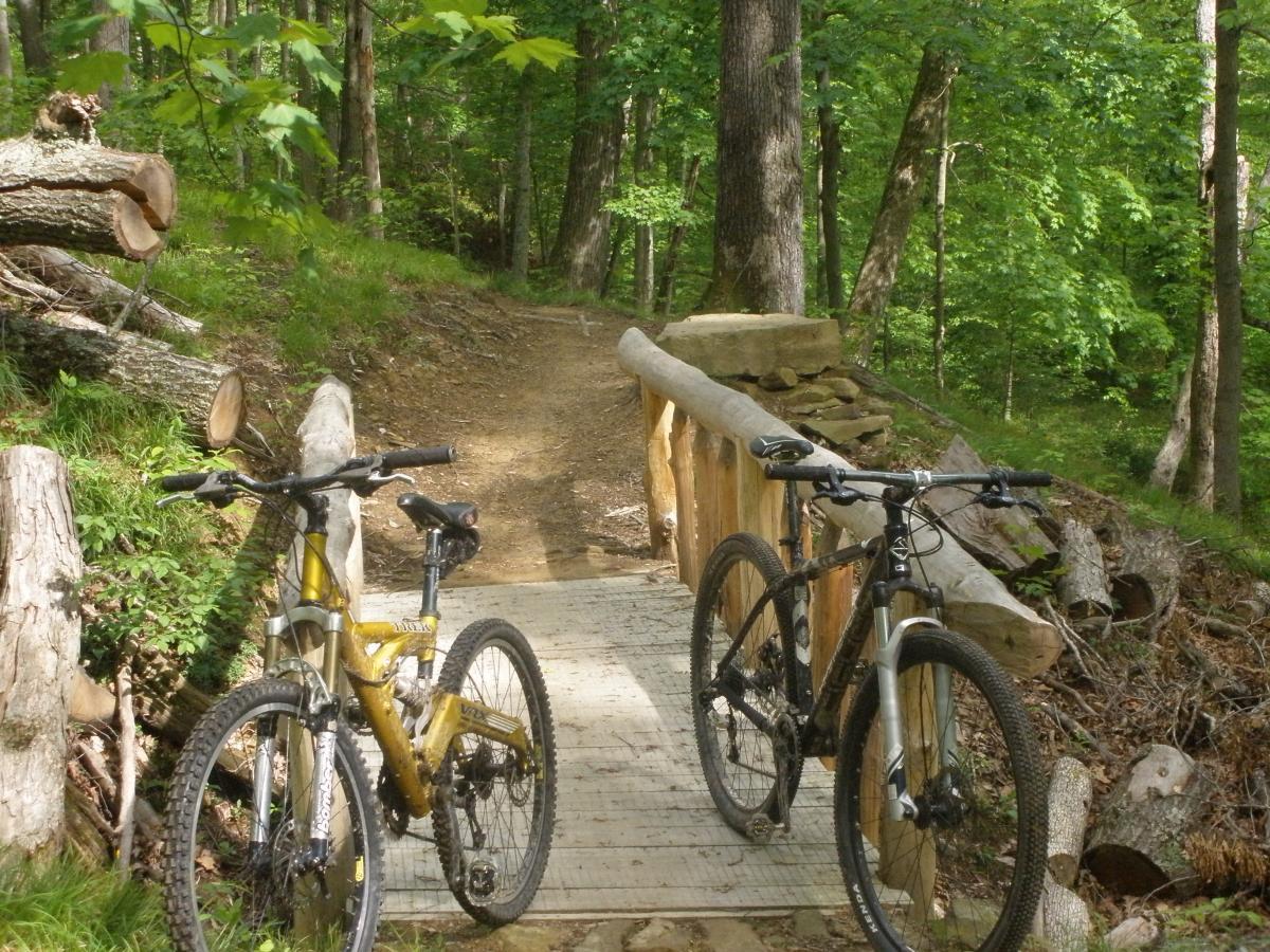 Two mountain bikes parked on a wooden footbridge, surrounded by lush green forest vegetation. The path continues through the trees in the background, showcasing a serene outdoor environment ideal for biking. Brown County Park mountain bike trail.