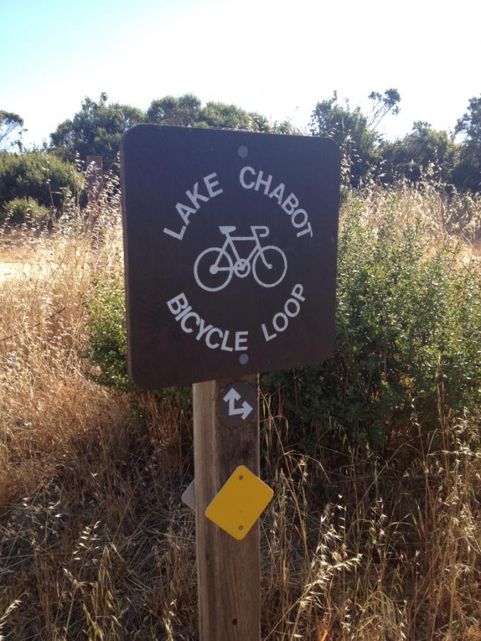 Sign indicating the Lake Chabot Bicycle Loop, featuring a bicycle icon and directional symbols. The sign is mounted on a wooden post surrounded by tall grass and shrubs, under a clear sky. Anthony Chabot Regional Park mountain bike trail.