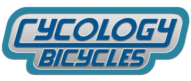 Logo for Cyclology Bicycles, featuring the name "Cyclology" in bold blue text with a silver background, and "Bicycles" in a complementary style beneath it. The overall design includes a rounded blue border.