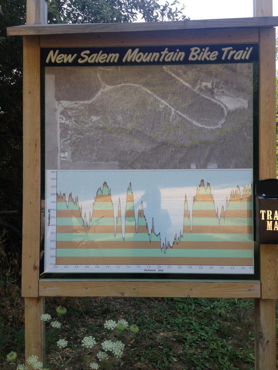 Sign displaying the New Salem Mountain Bike Trail map along with an elevation profile. The map shows the trail layout, while the graph illustrates elevation changes over a distance of approximately 34 miles, indicating various steep and flat sections. The sign is mounted on a wooden frame, surrounded by greenery and wildflowers. New Salem mountain bike trail.