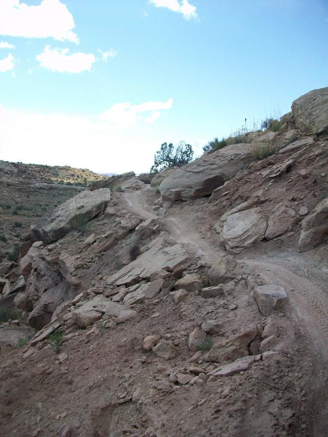 A winding trail on a rocky terrain surrounded by sparse vegetation under a blue sky with scattered clouds. The pathway is narrow and uneven, showcasing a rugged landscape. Sovereign Single Track mountain bike trail.