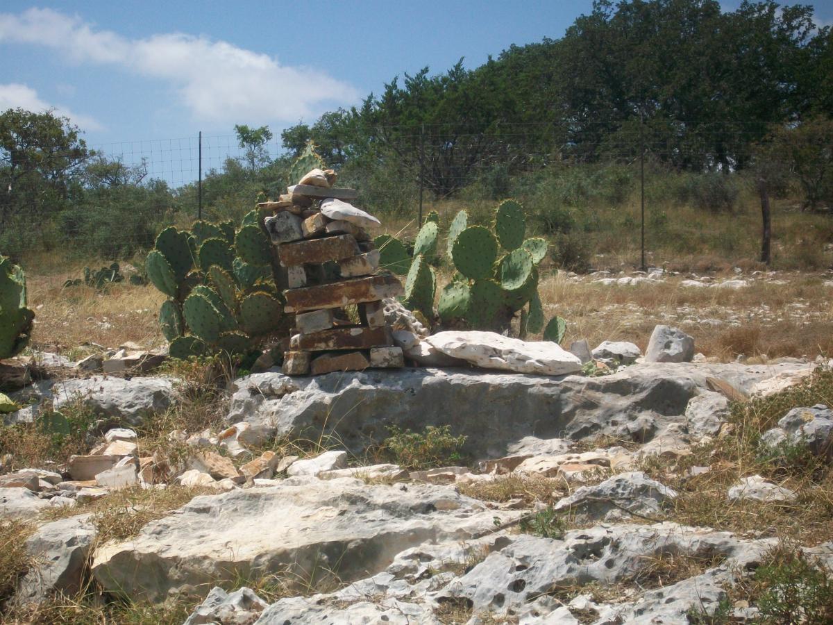 A rocky landscape with scattered stones and patches of grass. In the foreground, a stack of stones sits prominently, while several tall cactus plants with flat, paddle-shaped segments are visible nearby. The background features a wire fence and a few trees under a blue sky with fluffy clouds. Flat Rock Ranch mountain bike trail.