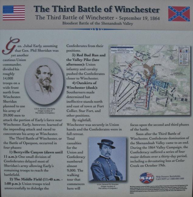 An informational plaque about the Third Battle of Winchester, which took place on September 19, 1864. The plaque includes a portrait of Confederate General Jubal Early, details of the battle's phases, strategies used by Union and Confederate forces, and a map showing troop movements. It notes that this battle was the bloodiest in the Shenandoah Valley and discusses the outcome, including total casualties for both sides. The background features the American flag and a marker for historical preservation. 3rd Battle Of Winchester Trail mountain bike trail.