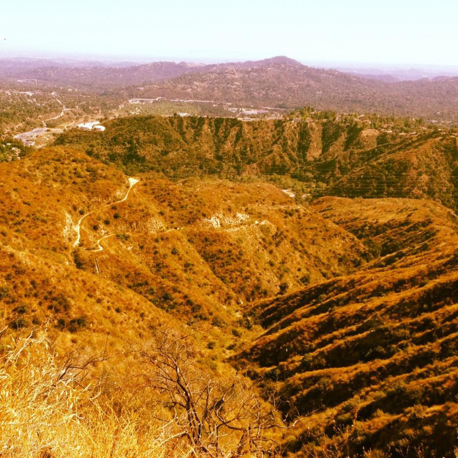 A panoramic view of rolling, dry hills and valleys under a clear sky. The landscape features a winding dirt path meandering through the golden-brown terrain, with distant mountains visible in the background. Sparse vegetation is scattered throughout the scene. El Prieto mountain bike trail.