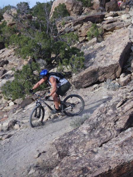 A mountain biker navigating a rocky trail, wearing a blue helmet and athletic gear, with trees and rugged terrain visible in the background. Pet - A - Kes mountain bike trail.