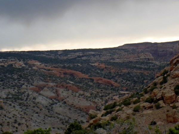 A landscape view of rocky terrain featuring layered hills and mesas, under a cloudy sky. The foreground shows some vegetation, while the background reveals a series of rugged cliffs and slopes in varying shades of brown and green. Gunny Loop mountain bike trail.
