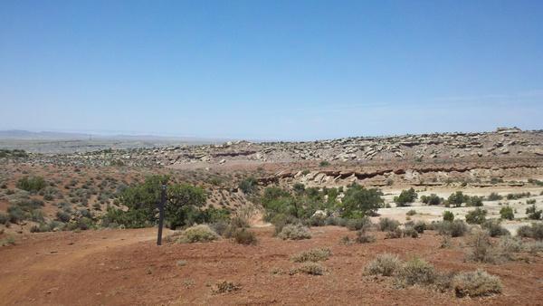 A wide landscape view featuring red earth and scattered shrubs, with rocky formations in the distance under a clear blue sky. The scene captures the arid beauty of a desert environment, highlighting natural vegetation and terrain variations. Klondike Bluffs mountain bike trail.