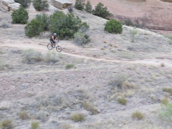 A person riding a mountain bike on a dirt trail surrounded by sparse vegetation and rocky terrain. Kokopelli Area Trails mountain bike trail.