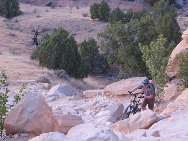 A mountain biker maneuvering over rocky terrain in a desert landscape, surrounded by sparse vegetation and rocky outcrops. The scene captures the challenge of navigating a rugged path under a warm evening light. Mary's Loop / Horsethief Bench mountain bike trail.