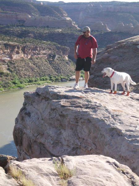 A person wearing a red shirt and a hat stands next to a dog on a rocky ledge overlooking a river and canyon landscape. The dog is wearing booties, and they are both looking down at the river below. The scene features dry, rugged terrain with distant hills under a clear blue sky. Kokopelli Area Trails mountain bike trail.